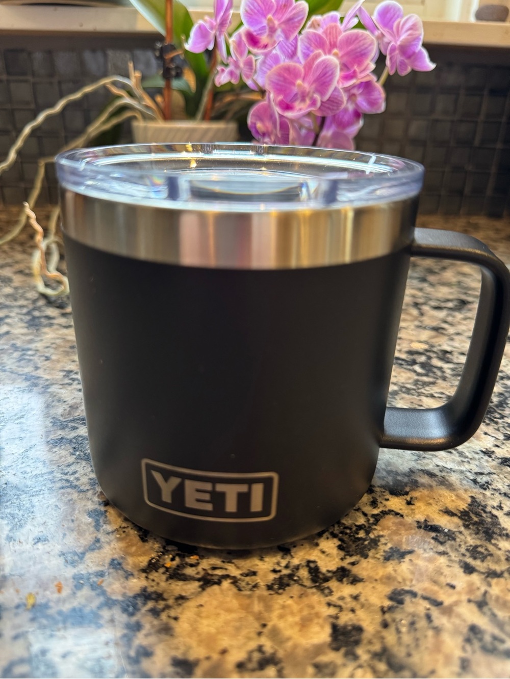 YETI Rambler 14 oz Black Travel Mug with Stainless Rim and Handle